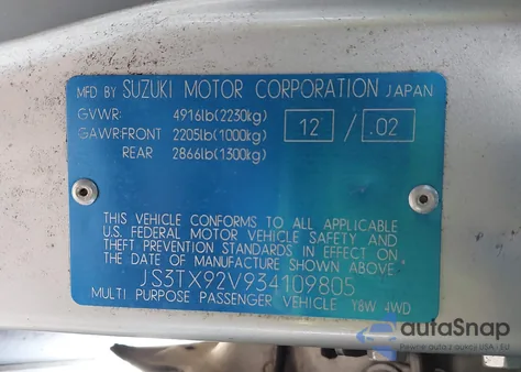 2003 Suzuki Xl-7 Ltd/Touring z USA, uszkodzony, nr VIN JS3TX92V934109805